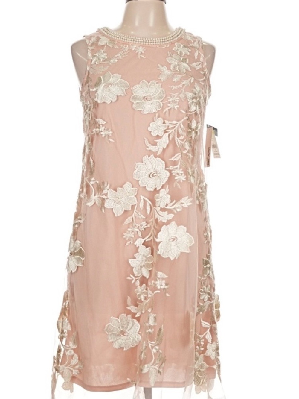Studio One Blush Pink Midi Dress with Ivory Floral Embroidery and Pearl Neckline